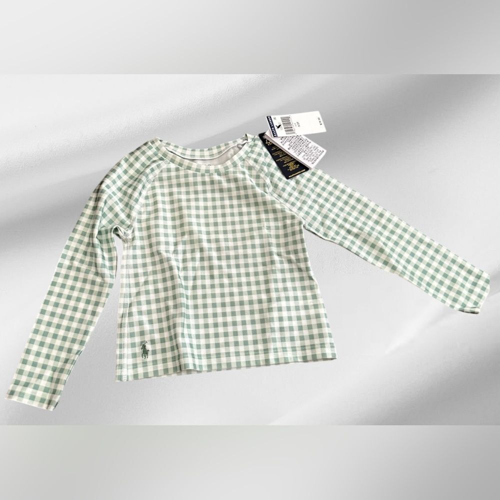Polo Ralph Lauren Toddler Girls Green Gingham Long Sleeve Rashguard, 3T, NWT